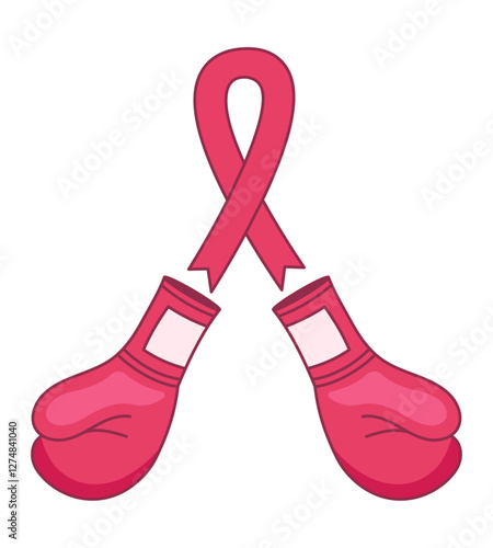 Pink boxing gloves crossed with a breast cancer ribbon, symbol of hope and courage.