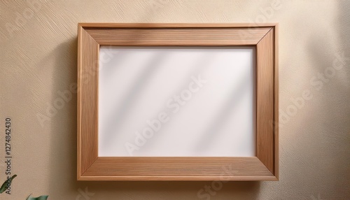 Empty Wooden Frame Transforms into a Vibrant Artistic Canvas on Beige Wall, Showcasing Imaginative Potential at Twilight