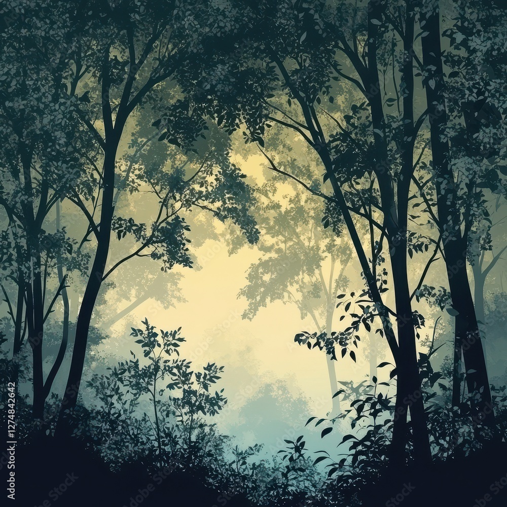 Fototapeta premium Sunlight shines through the dense trees in a dark forest