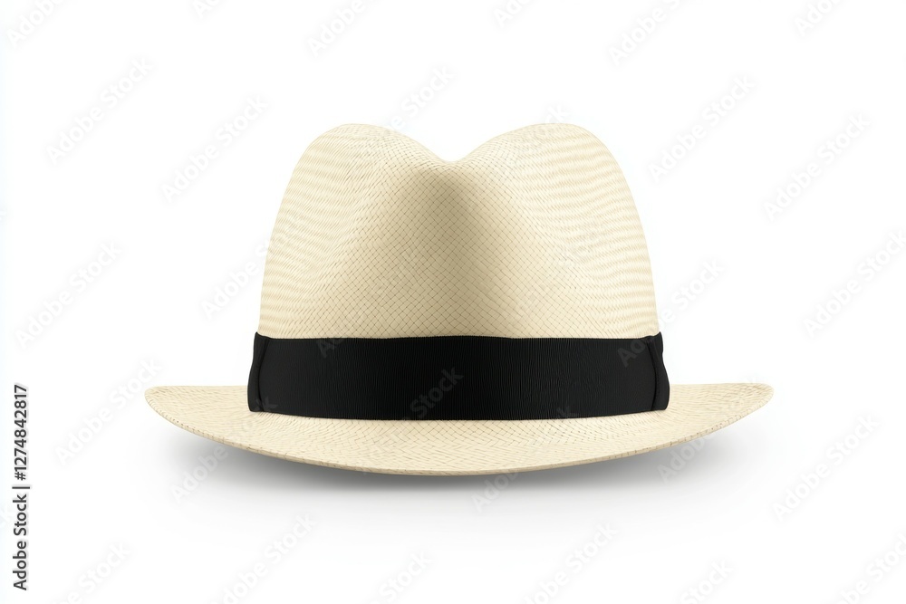 White hat with a black band sits on a white background White hat with a black band sits on a white background