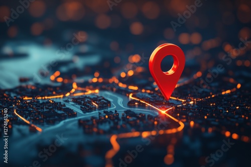 Fototapeta Naklejka Na Ścianę i Meble -  Red pin marks location on illuminated city map