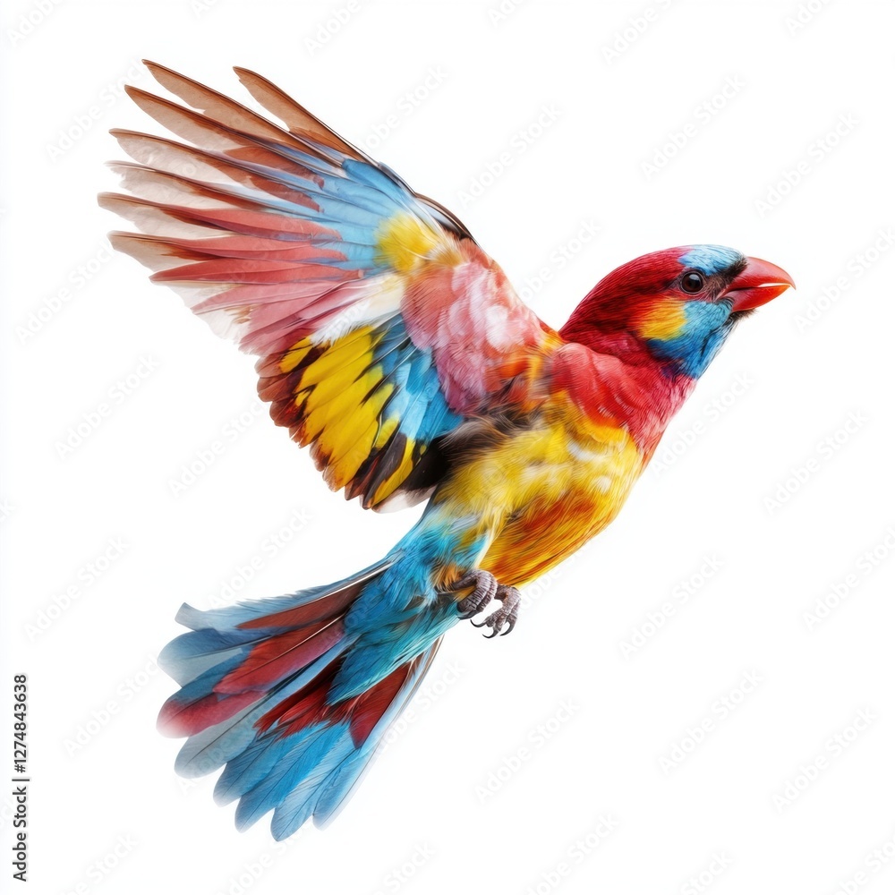 Fototapeta premium Vibrant Colorful Bird in Flight Against a White Background