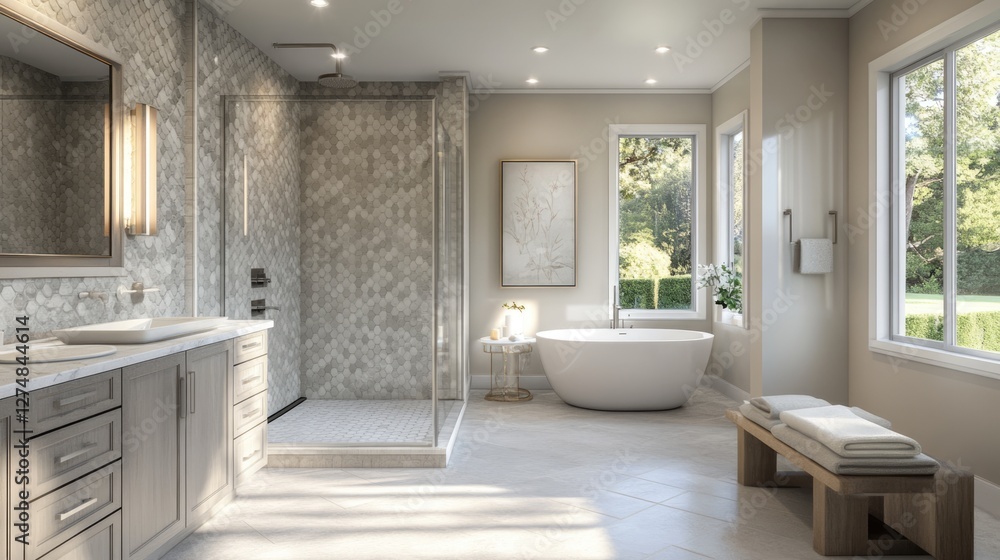 Spa-Like Bathroom with Beige and Gray Hexagon Tiles, Freestanding Tub, and Modern Vanity Spa-Like Bathroom with Beige and Gray Hexagon Tiles, Freestanding Tub, and Modern Vanity