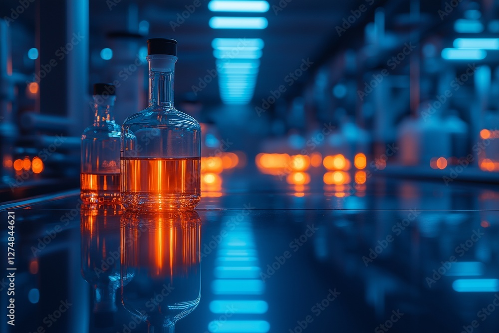 Close-up of laboratory glassware with glowing orange liquid, illuminated by blue ambient lighting. Close-up of laboratory glassware with glowing orange liquid, illuminated by blue ambient lighting.