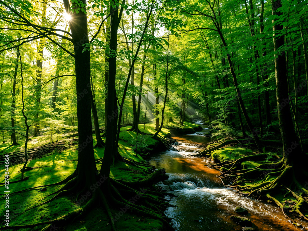 Fototapeta premium Serene Green Forest with Sun Rays and Flowing Stream. Generative AI