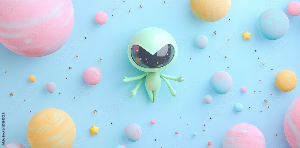 Fototapeta premium Cute alien surrounded by pastel planets and golden stars