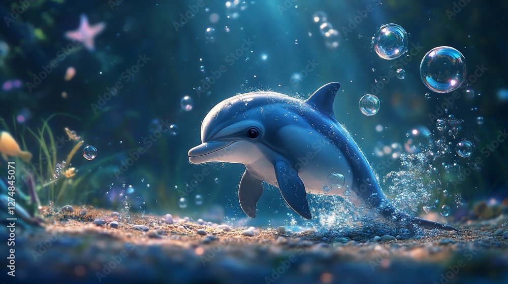Fototapeta premium Enchanting underwater scene featuring a playful dolphin amidst bubbles