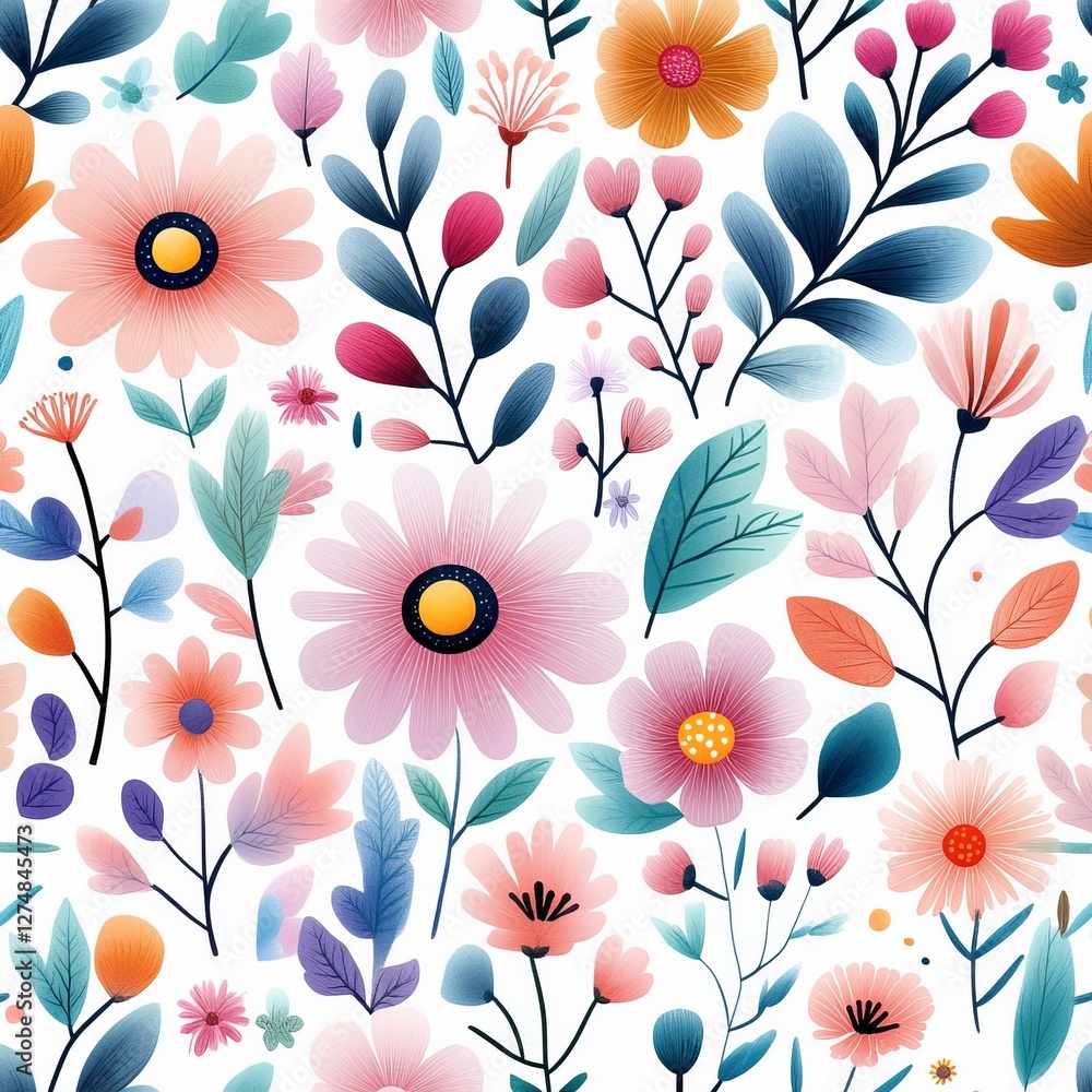 Floral Fantasy: A vibrant botanical tapestry, a lively dance of pastel-colored flowers and lush green foliage create a seamless repeating pattern, evoking spring's delicate charm. Floral Fantasy: A vibrant botanical tapestry, a lively dance of pastel-colored flowers and lush green foliage create a seamless repeating pattern, evoking spring's delicate charm.