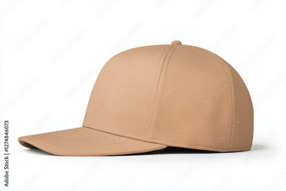 Tan hat with a black band sits on a white background Tan hat with a black band sits on a white background