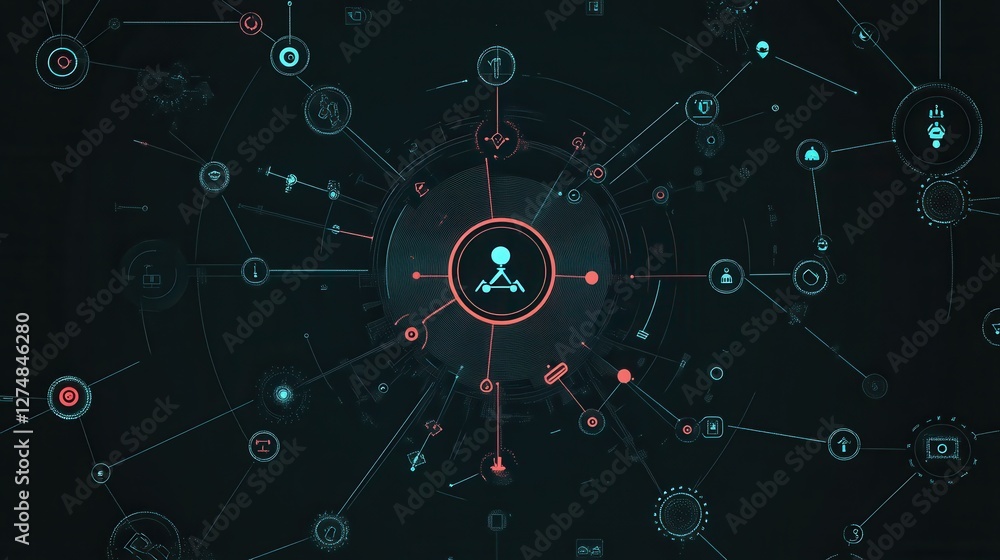 Abstract Digital Network Connection with Icons and Nodes Visual Abstract Digital Network Connection with Icons and Nodes Visual