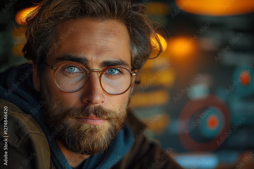Close-up portrait of a handsome Caucasian man with blue eyes and a beard, wearing glasses in a cozy, warmly lit setting. Close-up portrait of a handsome Caucasian man with blue eyes and a beard, wearing glasses in a cozy, warmly lit setting.