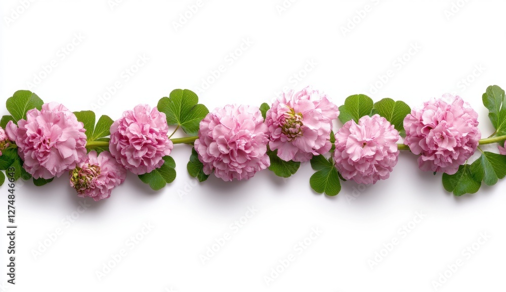 Fototapeta premium Delicate Pink Flowers with Green Leaves on White Background