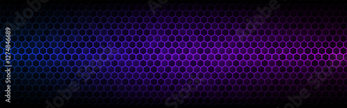 Hexagon background. Futuristic texture with neon light. Abstract tech design. Wide color wallpaper. Modern gradient with glowing cells. Geometric banner template. Vector illustration.
