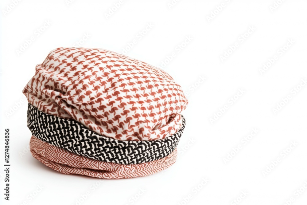 Multi-colored scarf is piled on top of another scarf