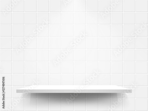 Bathroom shelf. Tiled wall with empty podium. Kitchen ceramic mosaic with white stage. Square tiles and platform. 3d bathroom interior mockup. Vector illustration.