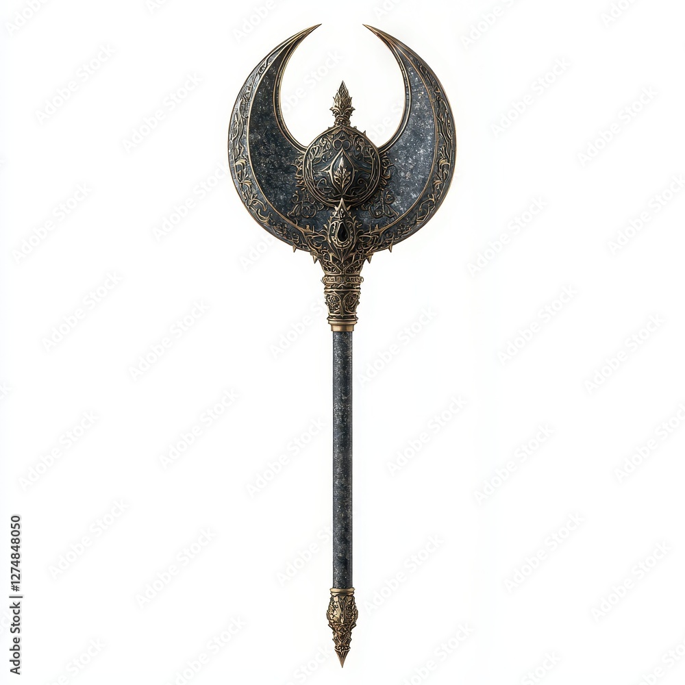 Ornate Crescent Shaped Axe Fantasy Weapon Game Asset Dark Metal Gold Accents Isolated Ornate Crescent Shaped Axe Fantasy Weapon Game Asset Dark Metal Gold Accents Isolated