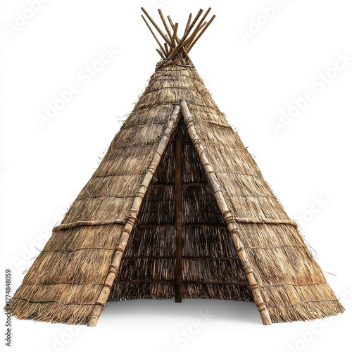 Authentic Thatched Teepee Hut Native American Style Shelter Isolated on White Background