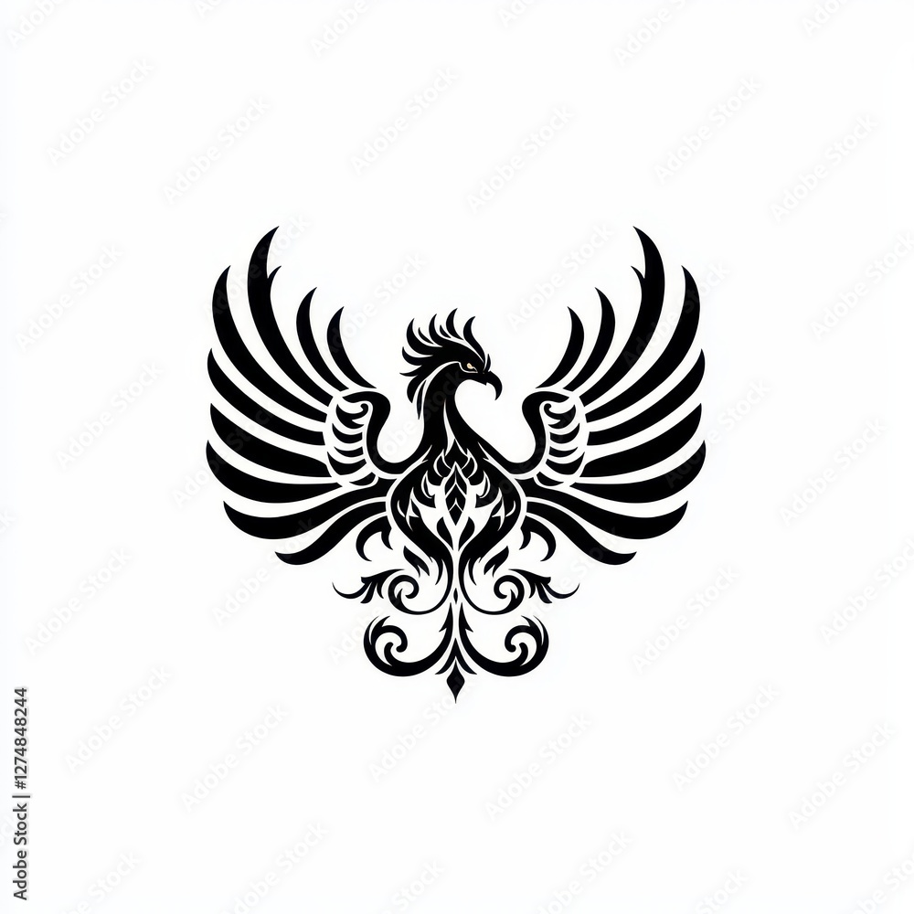 Fototapeta premium Ornate Black Phoenix Bird Design Tribal Style Wings Spread Graphic Art Illustration