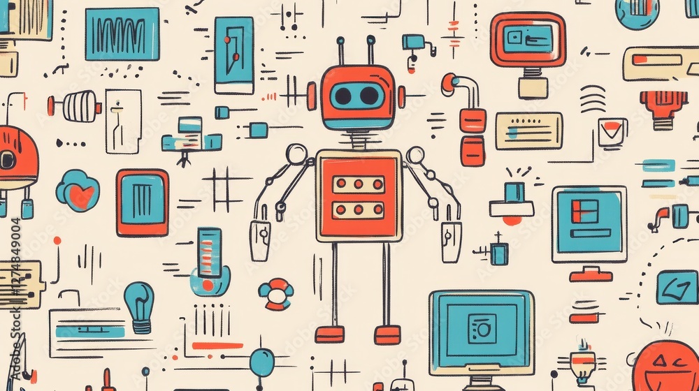 Colorful Retro Robot Design with Digital Elements and Icons Colorful Retro Robot Design with Digital Elements and Icons