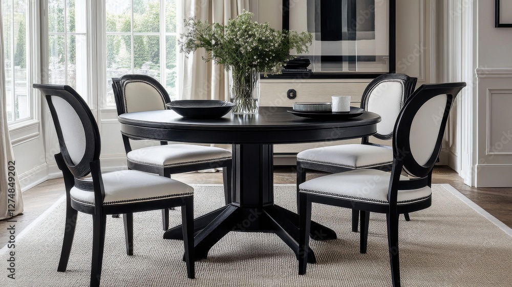 Fototapeta premium Elegant Black Table with White Chairs in Modern Dining Room Setting
