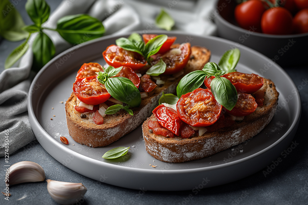 Sun-dried Tomato and Basil Bruschetta on Toasted Bread Sun-dried Tomato and Basil Bruschetta on Toasted Bread