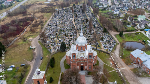 Lithuania. Utena's Church of Christ's Ascension and the Old Cemetery from a Bird's Eye View 11 11 2024 photo