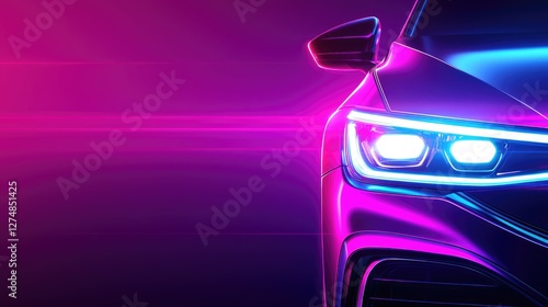 Close-up of a sleek, modern car's headlight with vibrant neon pink and blue lighting effects against a dark background.