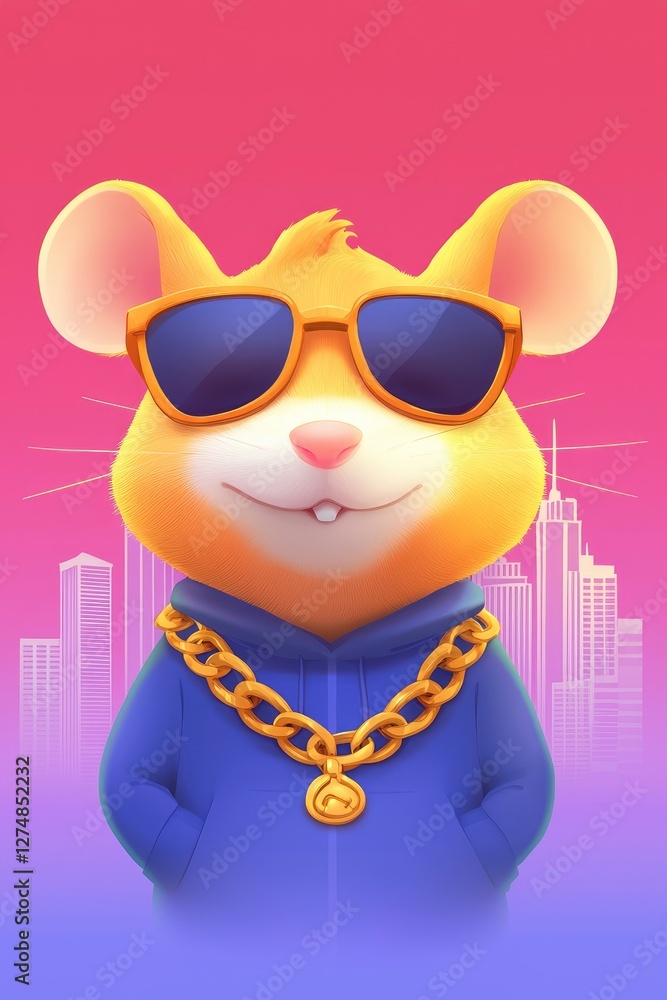 Fototapeta premium Cool cartoon mouse wearing sunglasses and gold chain against city backdrop.