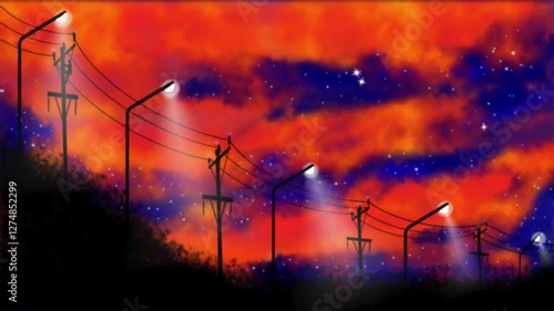 Electricity technician working on a pole under a starry sky