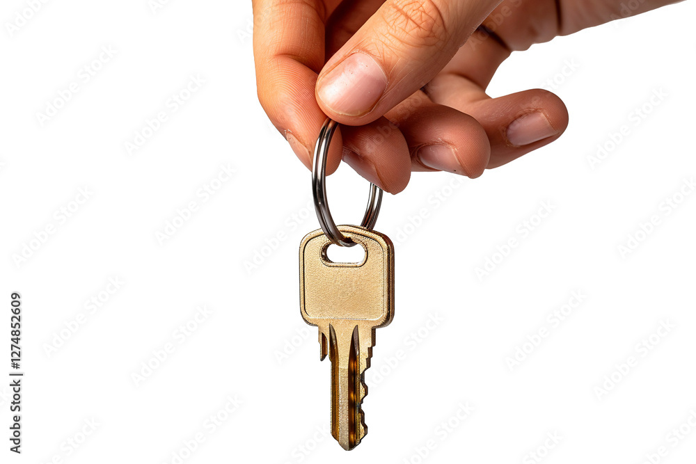 Close-up of hand holding golden key with key ring, symbolizing security, access, and new beginnings Close-up of hand holding golden key with key ring, symbolizing security, access, and new beginnings