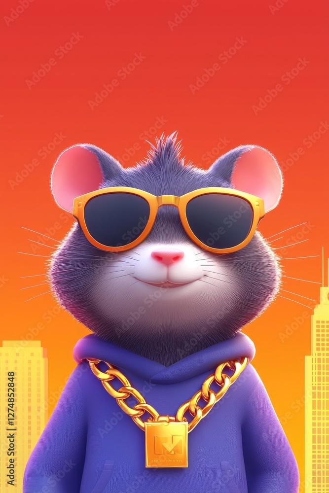 Fototapeta premium Cool hamster wearing sunglasses and gold chain against city backdrop.