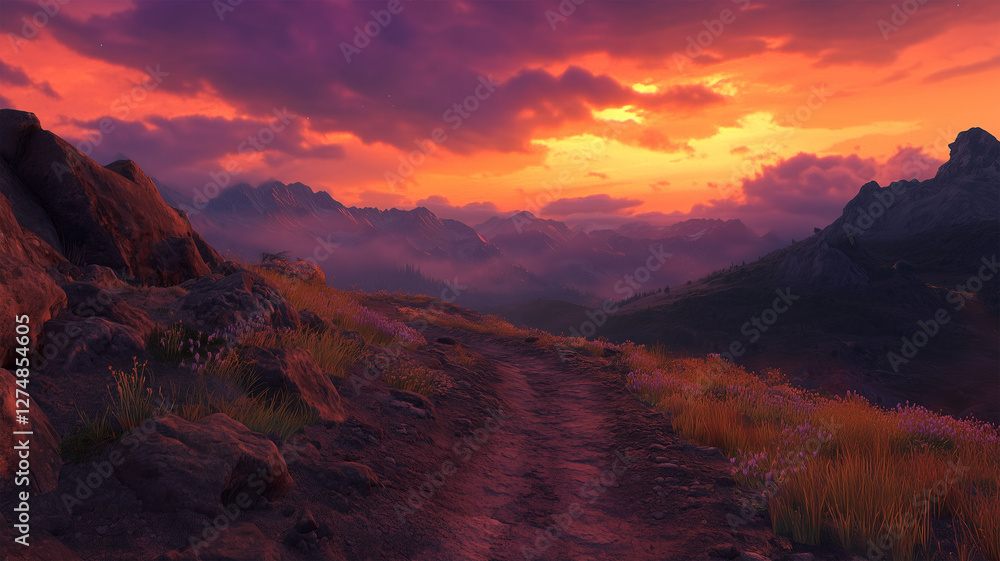 Obraz premium 夕焼けに染まる山岳トレイル