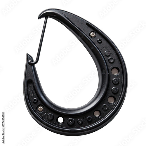 Detailed CloseUp of HorseshoeShaped Object with Numerous Circular Studs. A black horseshoe shaped object on a  Transparent Background. photo