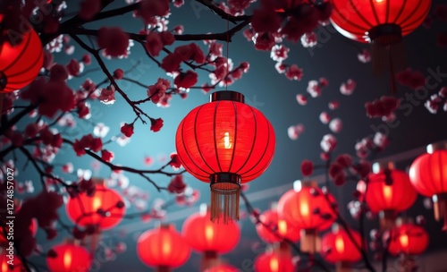 Glowing and vibrant red chinese new year lanterns hanging amidst blooming branches spreading joy prosperity and auspiciousness for the lunar new year East Asian china japan japanese asian korea korean photo