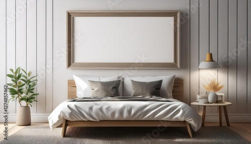 Elegant Minimalist Bedroom Frame Mockup Showcasing a Gallery Wall  Featuring Neutral Tones and Textures for Modern Interior Design Inspiration  Emphasizing Simplicity and Sophistication.