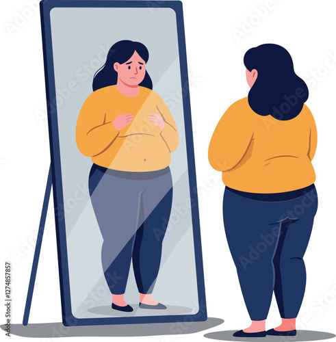 Woman admiring her reflection in a full-length mirror, flat vector illustration depicting self-acceptance and body positivity