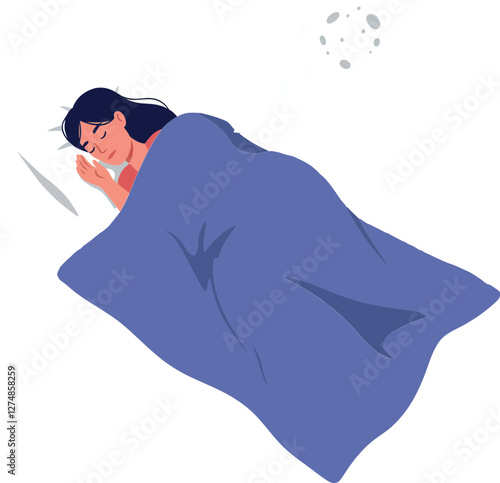 Woman peacefully sleeping under a blue blanket in a minimal style vector illustration