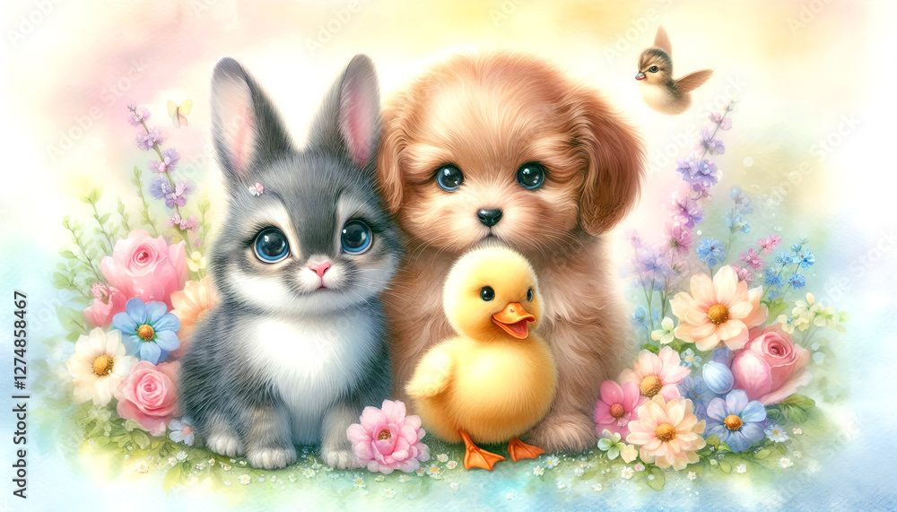Watercolor painting of baby animals like a bunny rabbit, kitten cat, puppy dog, and duckling duck, cartoon illustration, Watercolor painting of baby animals like a bunny rabbit, kitten cat, puppy dog, and duckling duck, cartoon illustration,