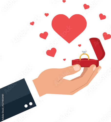 Hand holding red ring box with gold rings and heart symbols in flat vector illustration