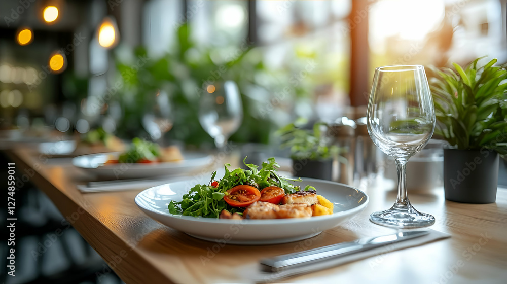 Restaurant table with delicious seafood salad and wine glasses Restaurant table with delicious seafood salad and wine glasses
