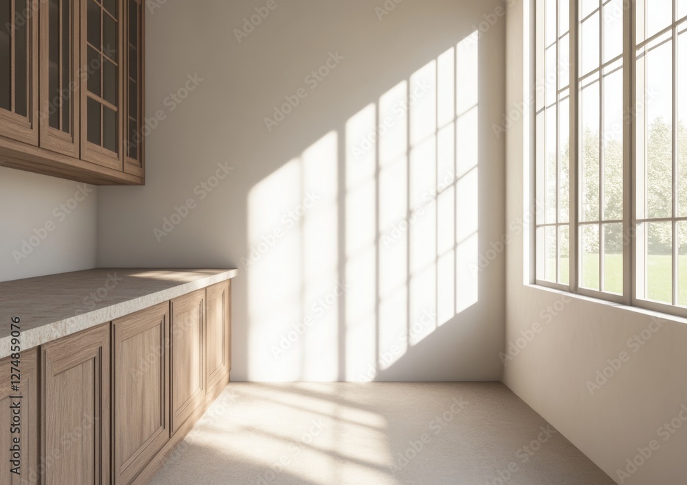 Sunlit kitchen pantry with cabinets, countertop, and garden view Sunlit kitchen pantry with cabinets, countertop, and garden view