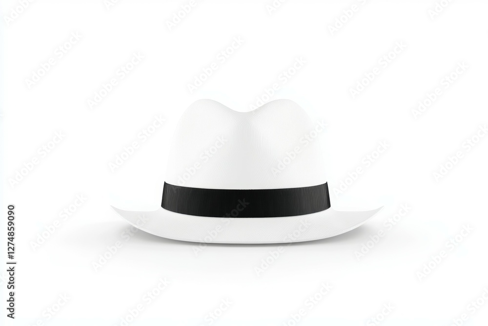White hat with a black band sits on a white background White hat with a black band sits on a white background
