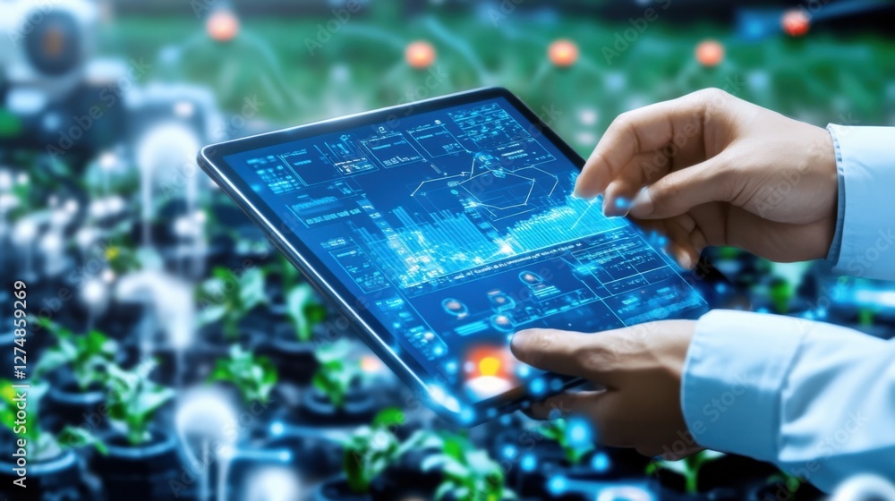 Innovative agricultural technology smart farming solutions greenhouse environment digital agriculture tools close-up view future farming concepts Innovative agricultural technology smart farming solutions greenhouse environment digital agriculture tools close-up view future farming concepts