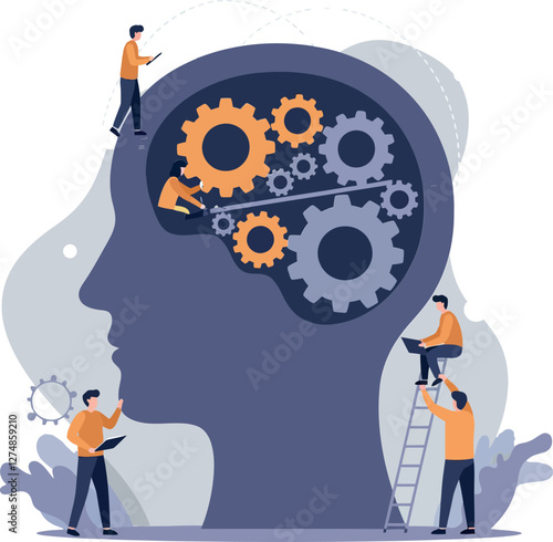Individuals working on cognitive gears in a stylized profile head, minimal vector illustration