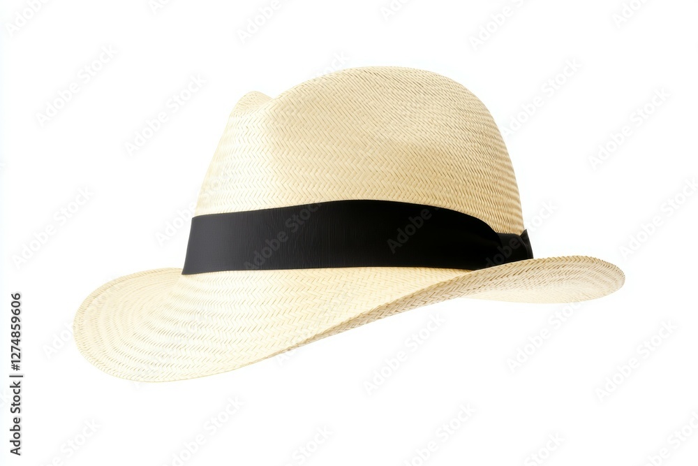 White straw hat with a black band and a black bow White straw hat with a black band and a black bow