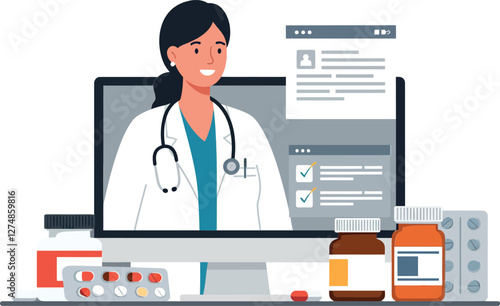 Doctor in white coat providing telemedicine consultation with computer, flat vector illustration