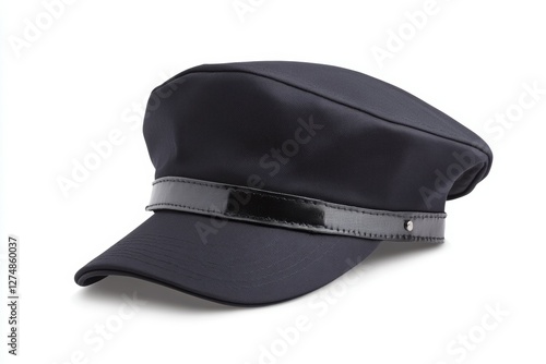 Black hat with a black band and a white logo photo