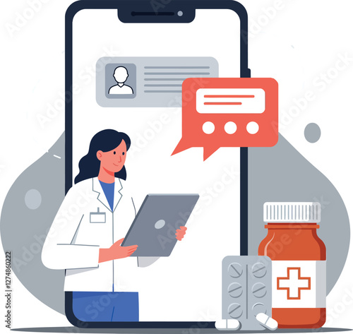 Doctor interacting with a smartphone and medication, flat vector illustration showcasing telemedicine concept