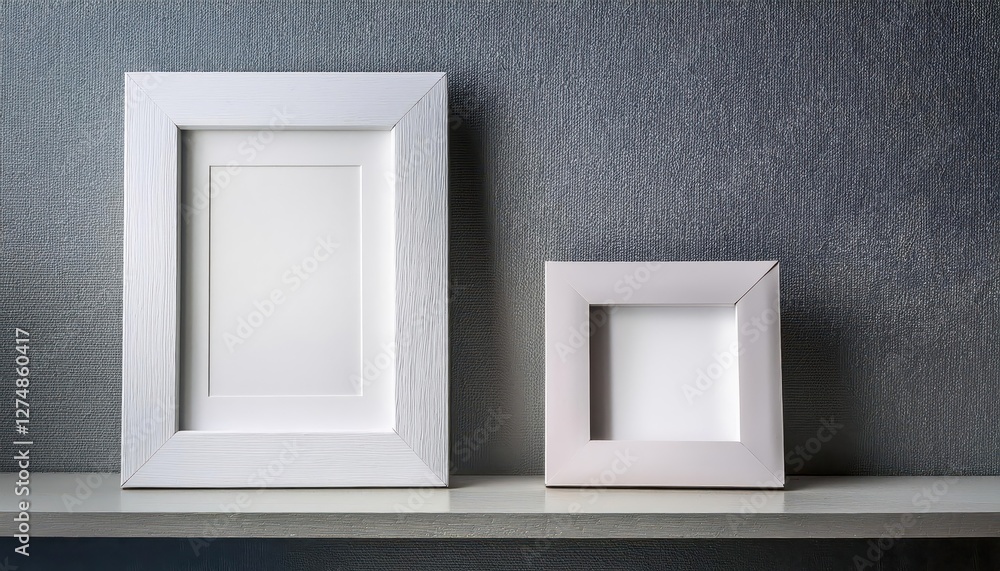 White Frames Displaying a Blank Canvas and a Placed Photograph, Elegant Minimalism on a Shelf, Capturing a Taste of Empty Space in an Urban Scene White Frames Displaying a Blank Canvas and a Placed Photograph, Elegant Minimalism on a Shelf, Capturing a Taste of Empty Space in an Urban Scene