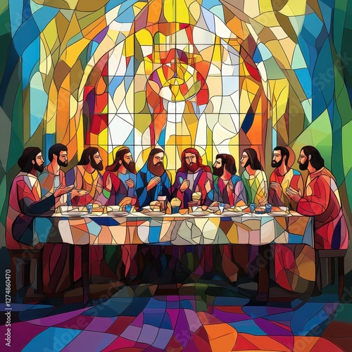 Stained glass artwork depicting the Last Supper with Jesus disciples photo